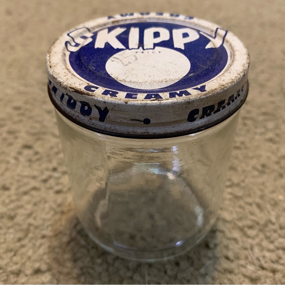 Vintage Skippy Creamy Peanut Butter Glass Jar w/ Original Lid Measuring Glass